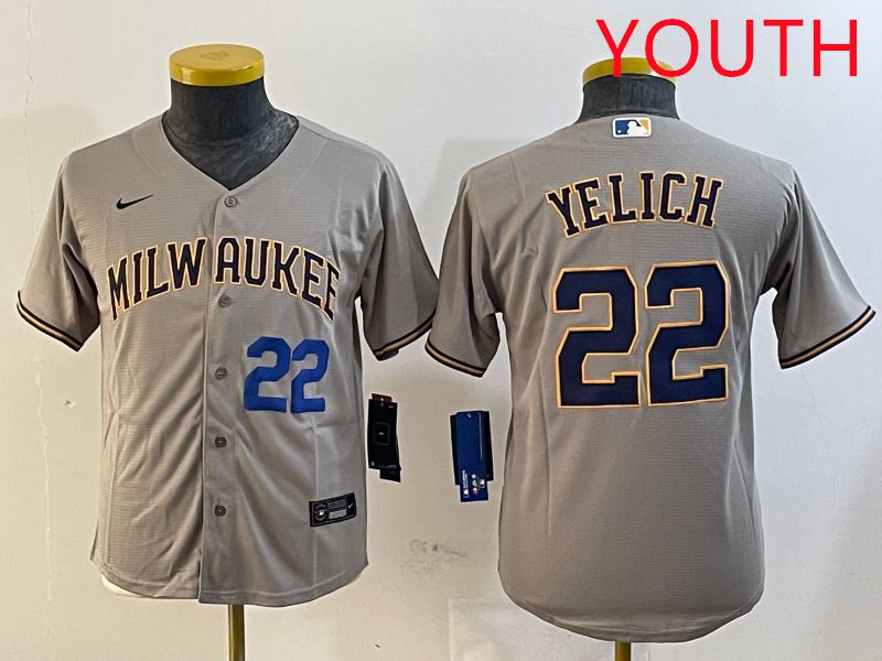 Youth Milwaukee Brewers #22 Yelich Grey Game 2025 Nike MLB Jersey style 5